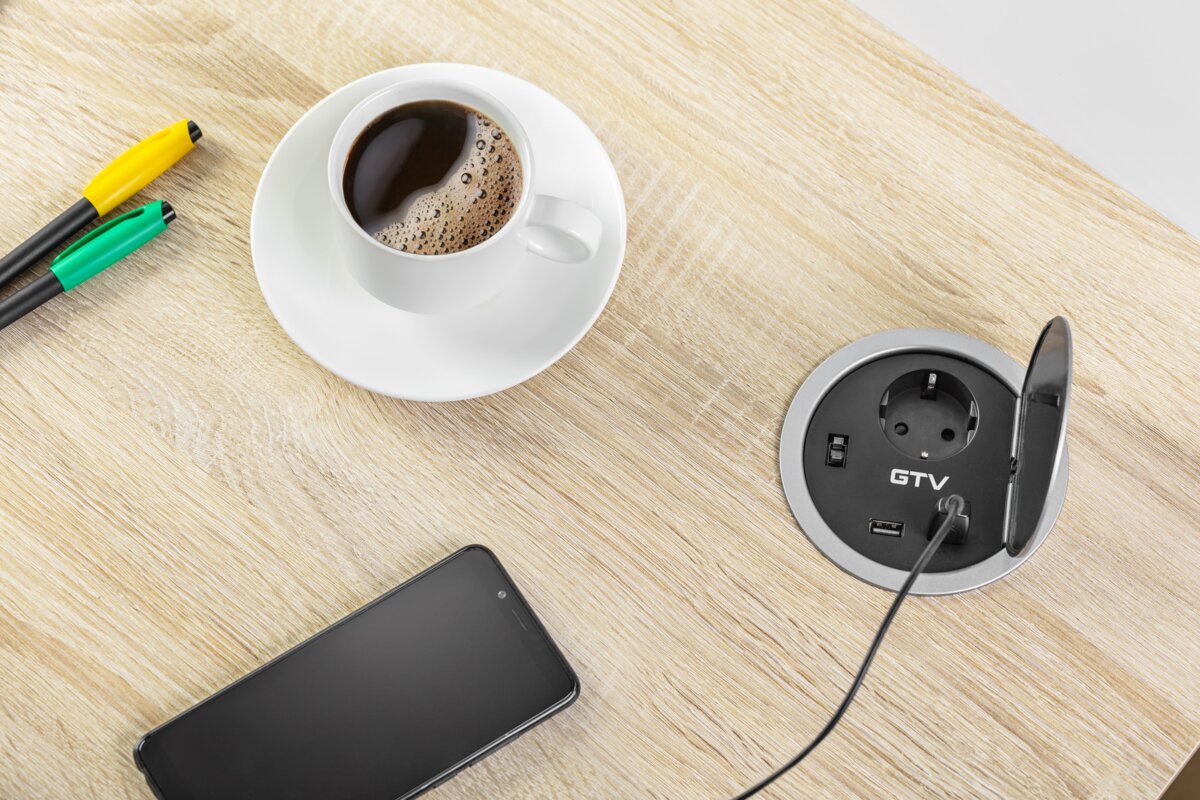 Меблева розетка CHARGER, Ø100 мм, 1хSHUKO, 2xUSB-A 2A, кабель 1.5 м, сірий