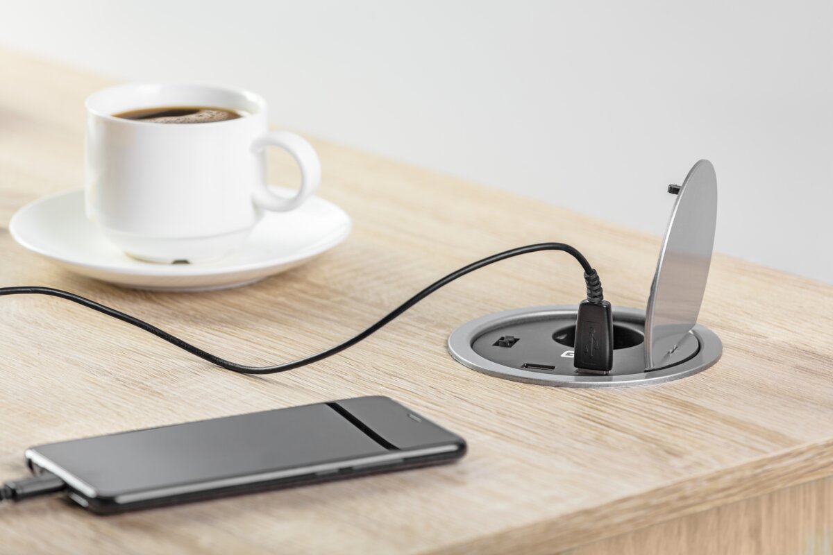 Меблева розетка CHARGER, Ø100 мм, 1хSHUKO, 2xUSB-A 2A, кабель 1.5 м, сірий