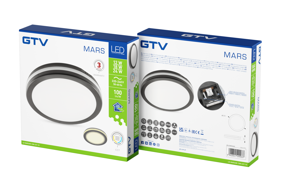 Стельовий світильник MARS LED 9в1, 24/18/12Вт, 100 лм/Вт, CCT, AC220-240V, IP65, чорний