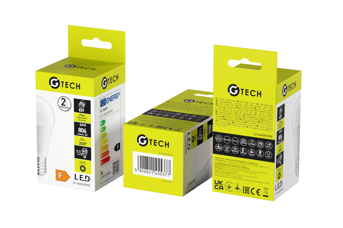 G-TECH Лампа світлодіодна E27, A60, 8.8 Вт, 806 лм, 3000K, AC220-240В, 200°
