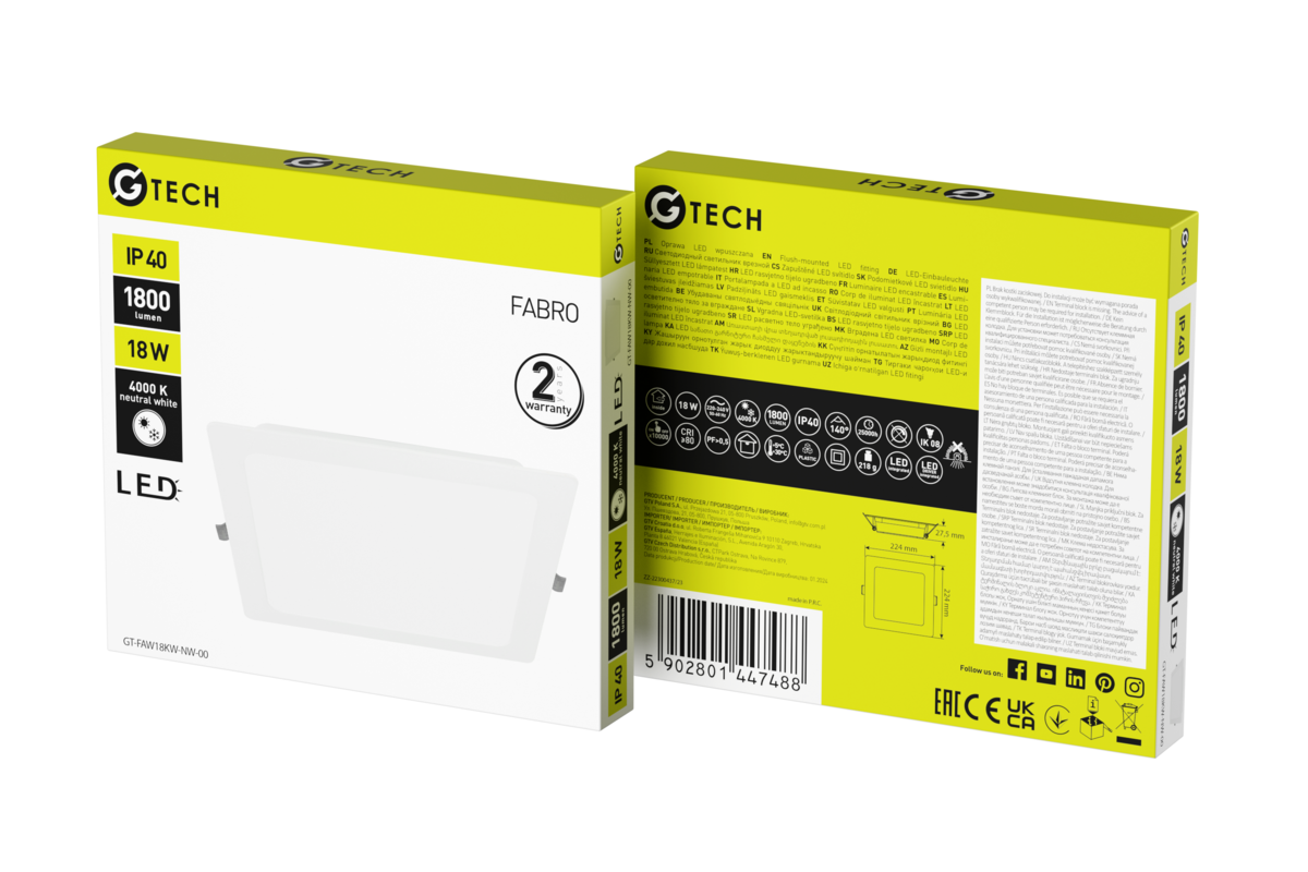 G-TECH світильник світлодіодний FABRO, 18 Вт, 1800 лм, 4000K, AC220-240В, IP40, врізний, квадратний, білий