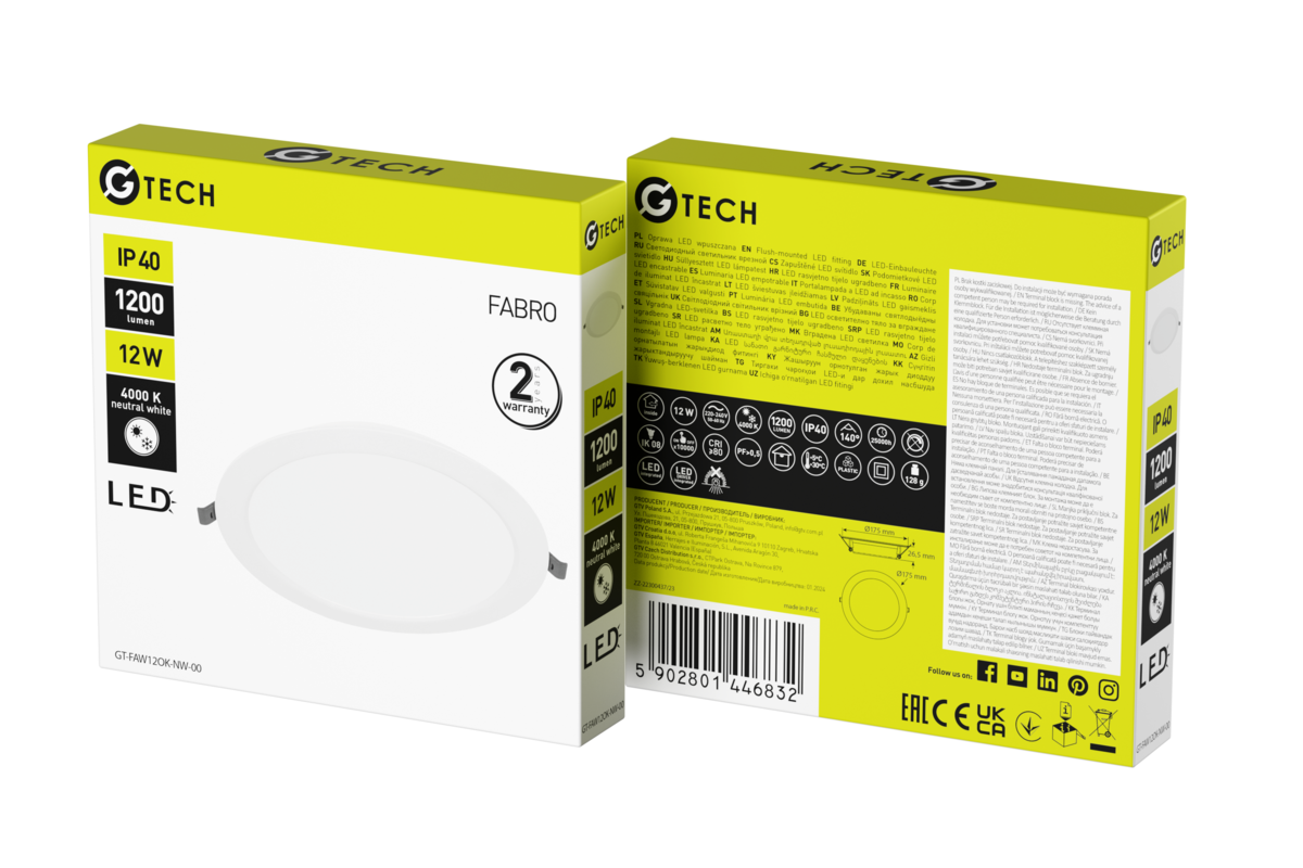 G-TECH світильник світлодіодний FABRO, 12 Вт, 1200 лм, 4000K, AC220-240В, IP40, врізний, круглий, білий