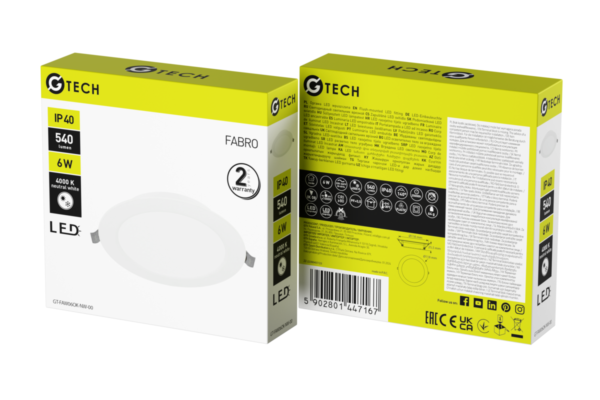 G-TECH світильник світлодіодний FABRO, 6 Вт, 540 лм, 4000K, AC220-240В, IP40, врізний, круглий, білий