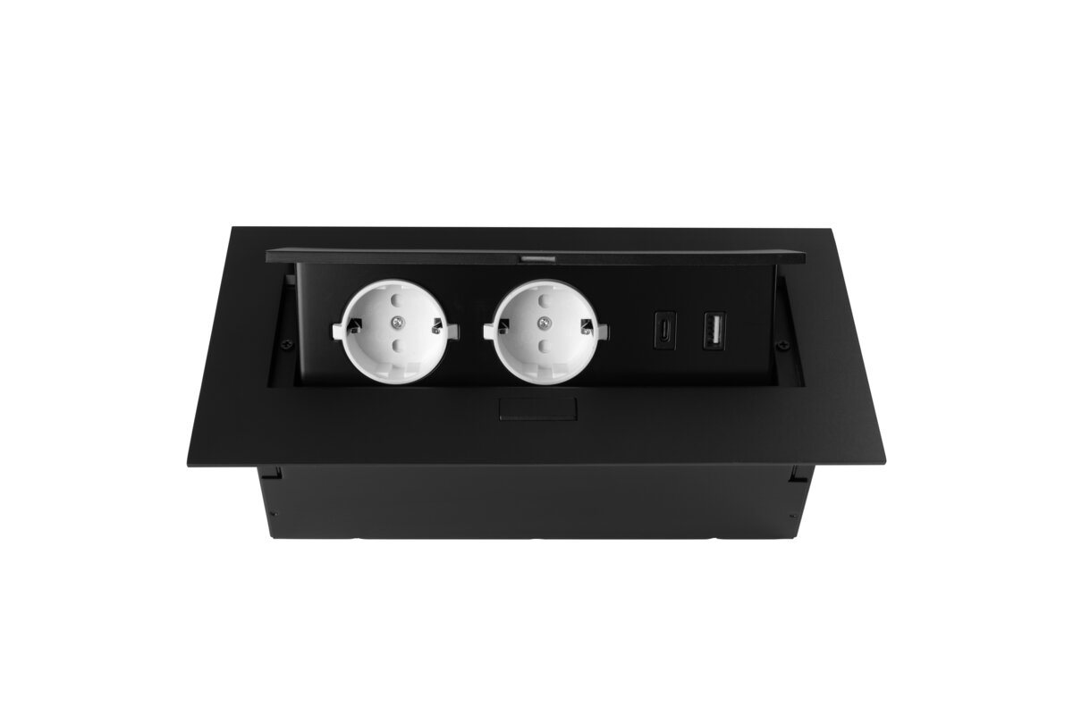 Меблева розетка, 2хSHUKO, USB A+C, без кабелю, чорний