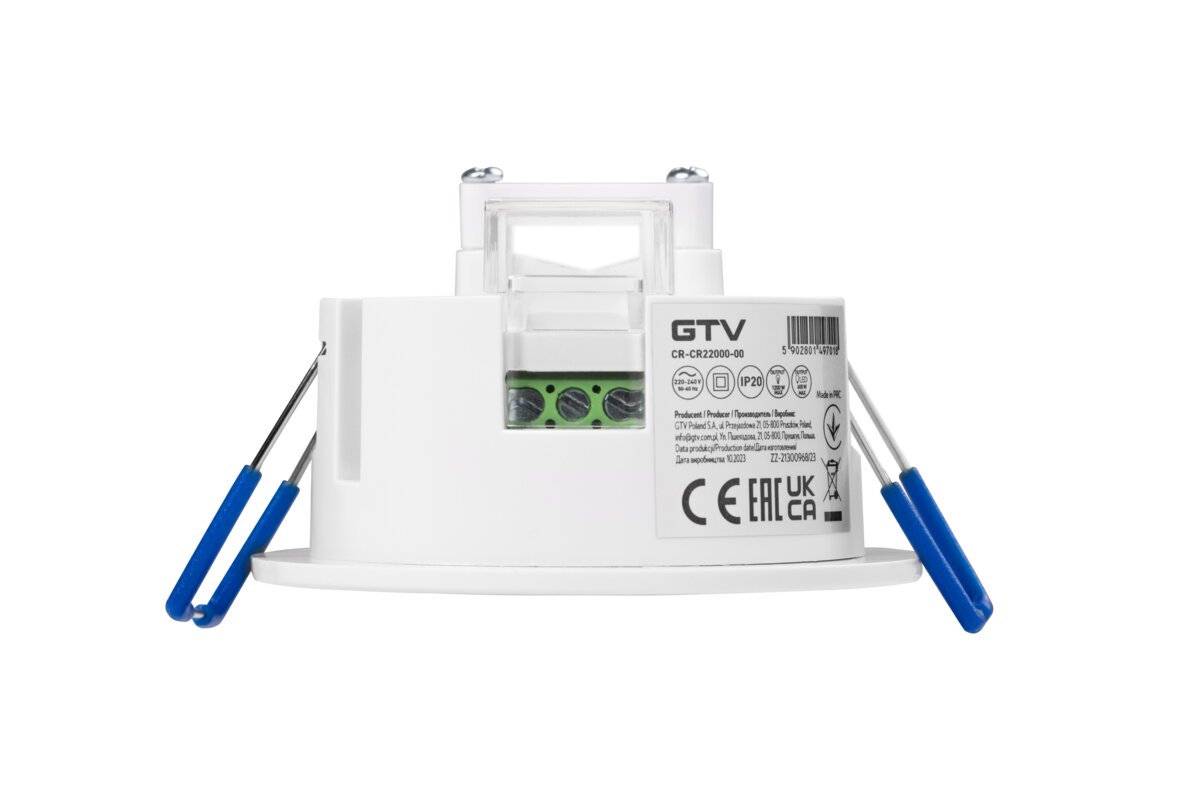 Датчик руху CR-22, макс. 1200 Вт, кут виявлення 360°, діапазон 8 м ± 1.8-4 м, IP20, білий