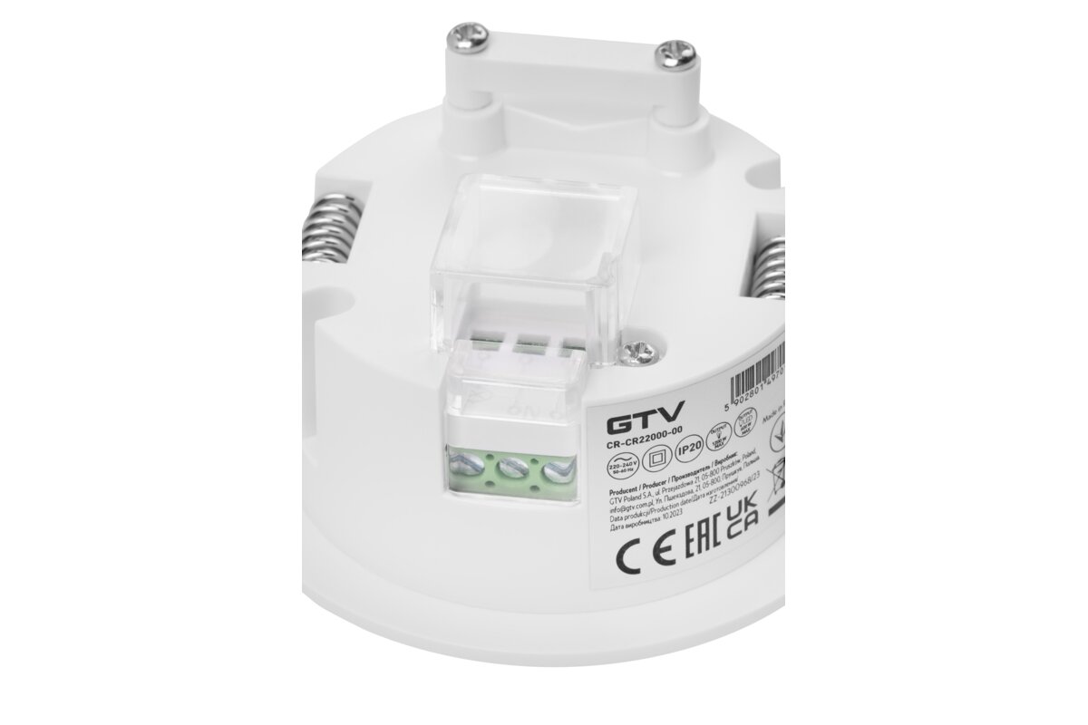 Датчик руху CR-22, макс. 1200 Вт, кут виявлення 360°, діапазон 8 м ± 1.8-4 м, IP20, білий