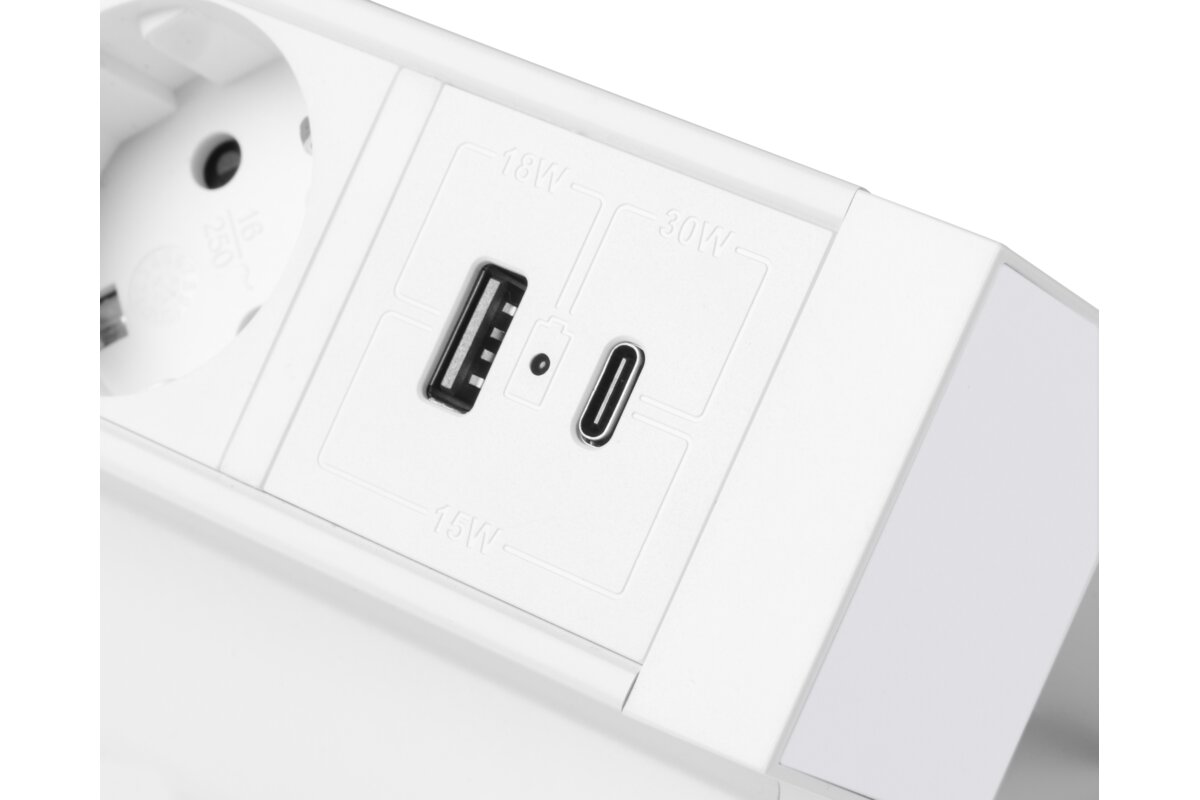Меблева розетка BASCO, 3хSHUKO, USB A+C, кабель 1.5 м, білий