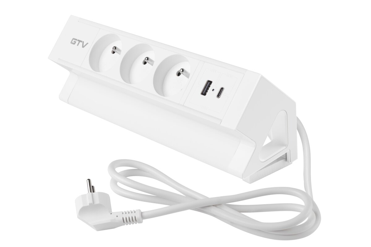 Розетка для меблів Basco, 3 х розетки із заземленням, USB A+C, кабель 1,5м, білий з кріпленням
