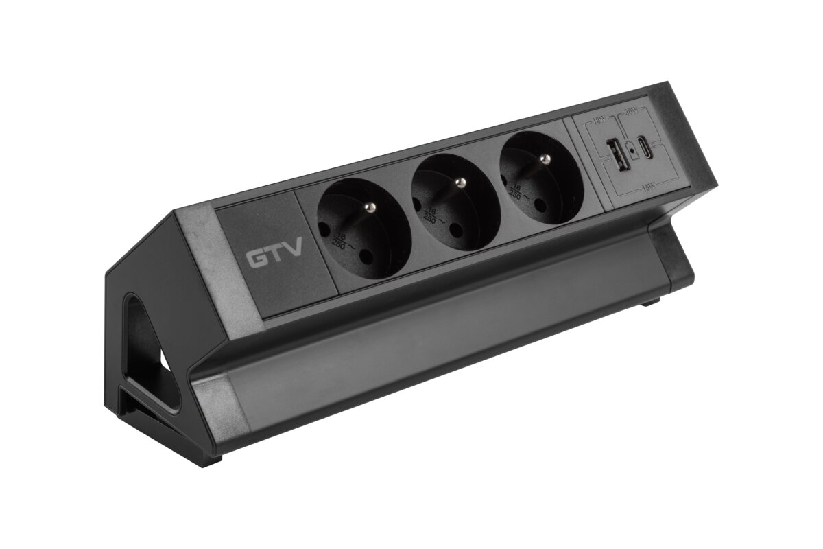 Розетка для меблів Basco, 3 х розетки із заземленням, USB A+C, кабель 1,5м, чорний з кріпленням