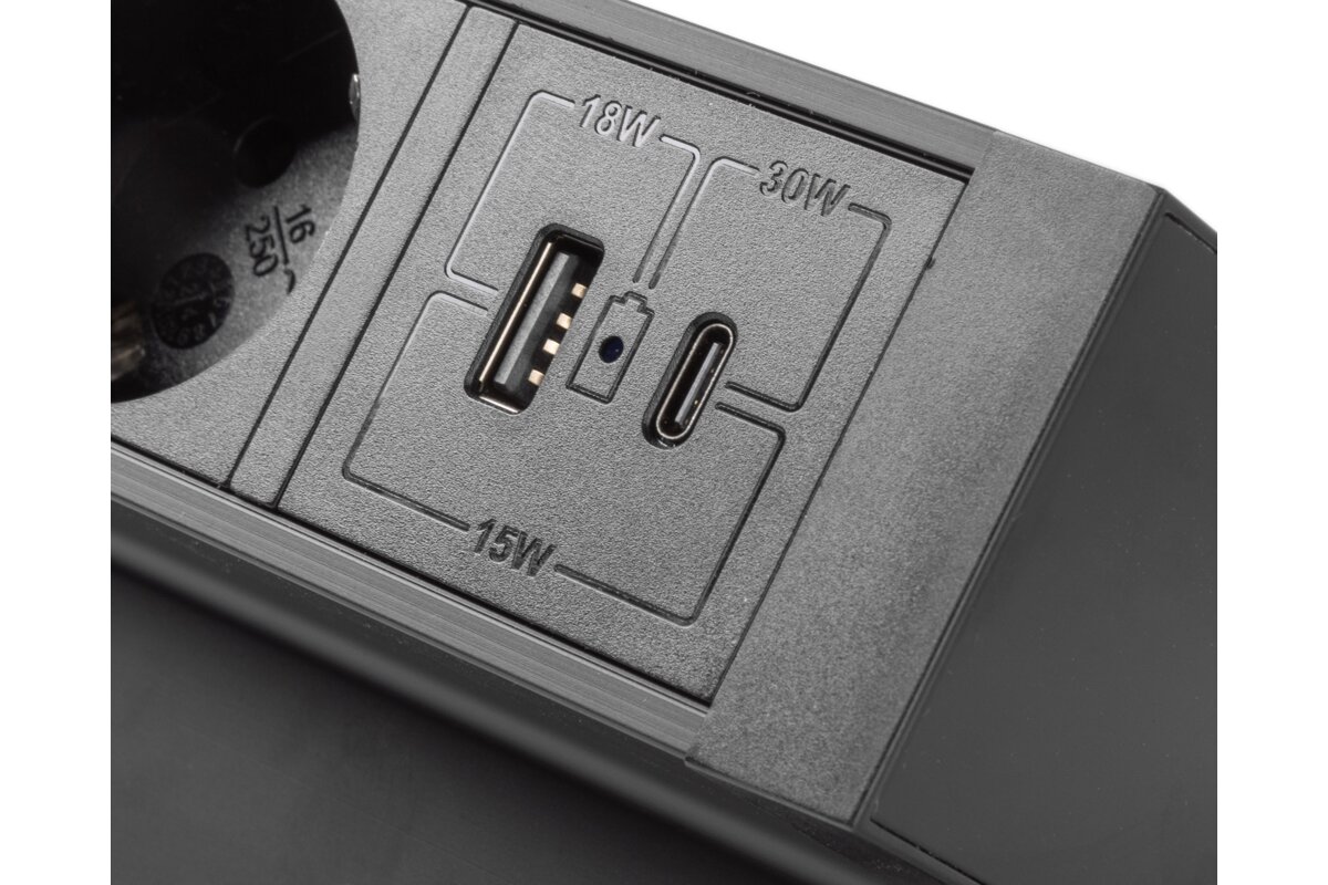 Розетка для меблів Basco, 3 х розетки із заземленням, USB A+C, кабель 1,5м, чорний з кріпленням