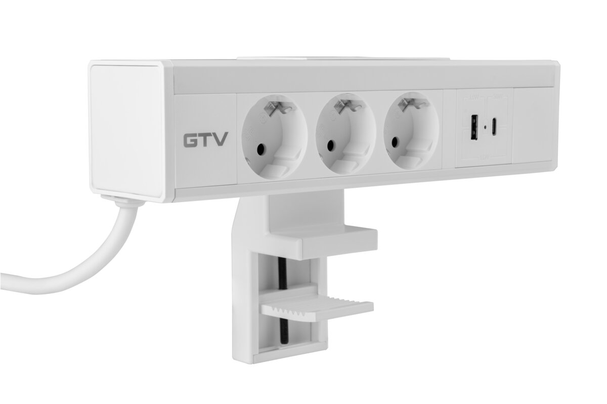 Меблева розетка Nico, 3 x Schuko розетка, USB A+C, кабель 1,5 м, білий з кріпленням