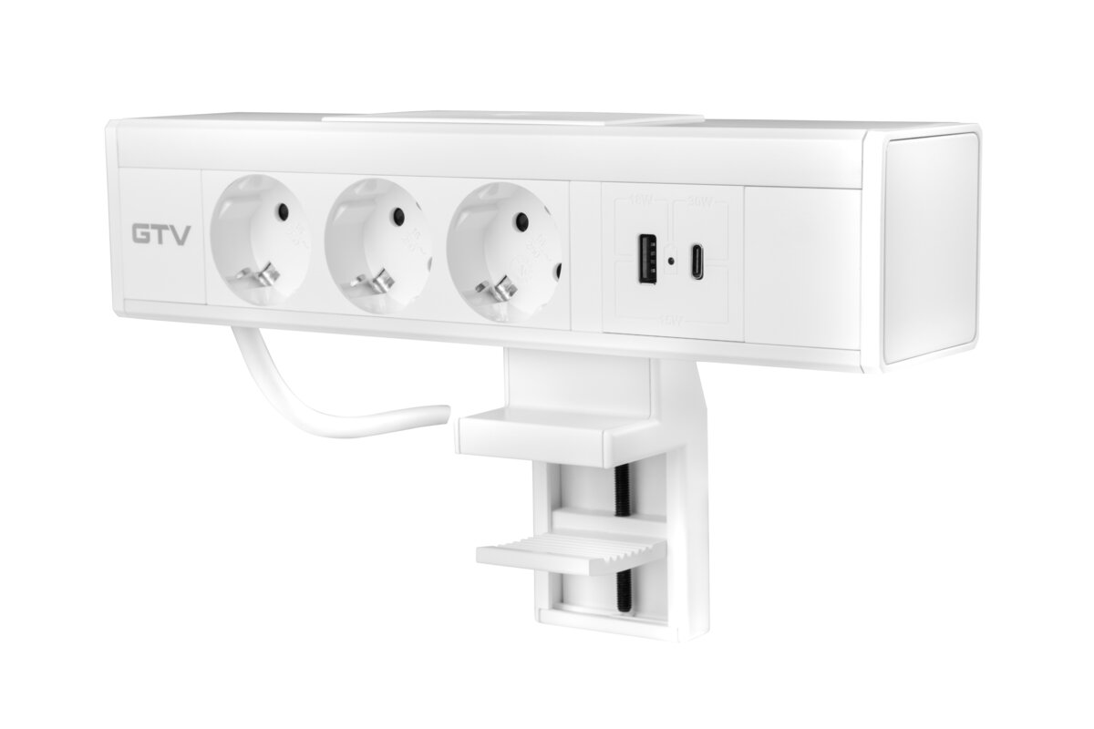 Меблева розетка Nico, 3 x Schuko розетка, USB A+C, кабель 1,5 м, білий з кріпленням