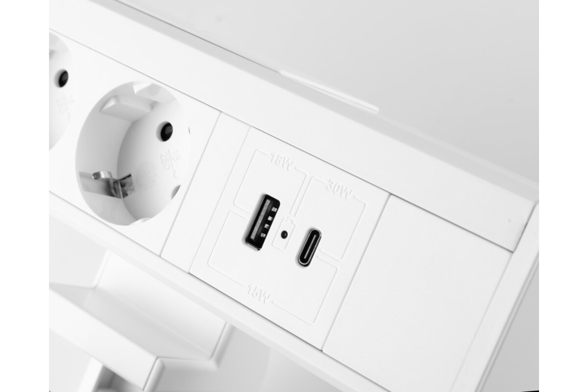Меблева розетка Nico, 3 x Schuko розетка, USB A+C, кабель 1,5 м, білий з кріпленням