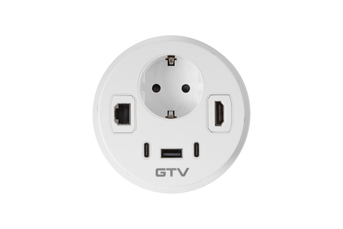 Меблева розетка RONDO, 1хSHUKO, 1xUSB-A, 2xUSB-C, HDMI, RJ45 кабель 1.5 м, білий