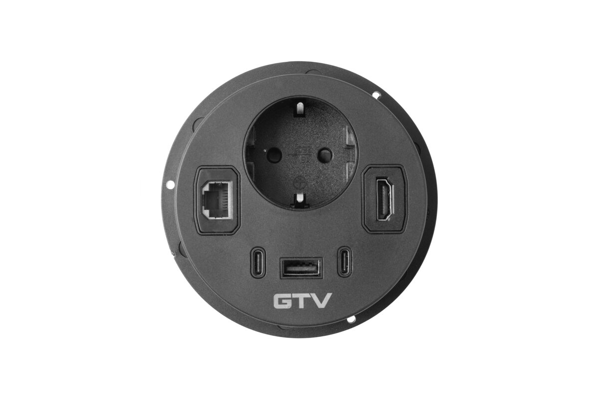 Меблева розетка RONDO, 1хSHUKO, 1xUSB-A, 2xUSB-C, HDMI, RJ45 кабель 1.5 м, чорний