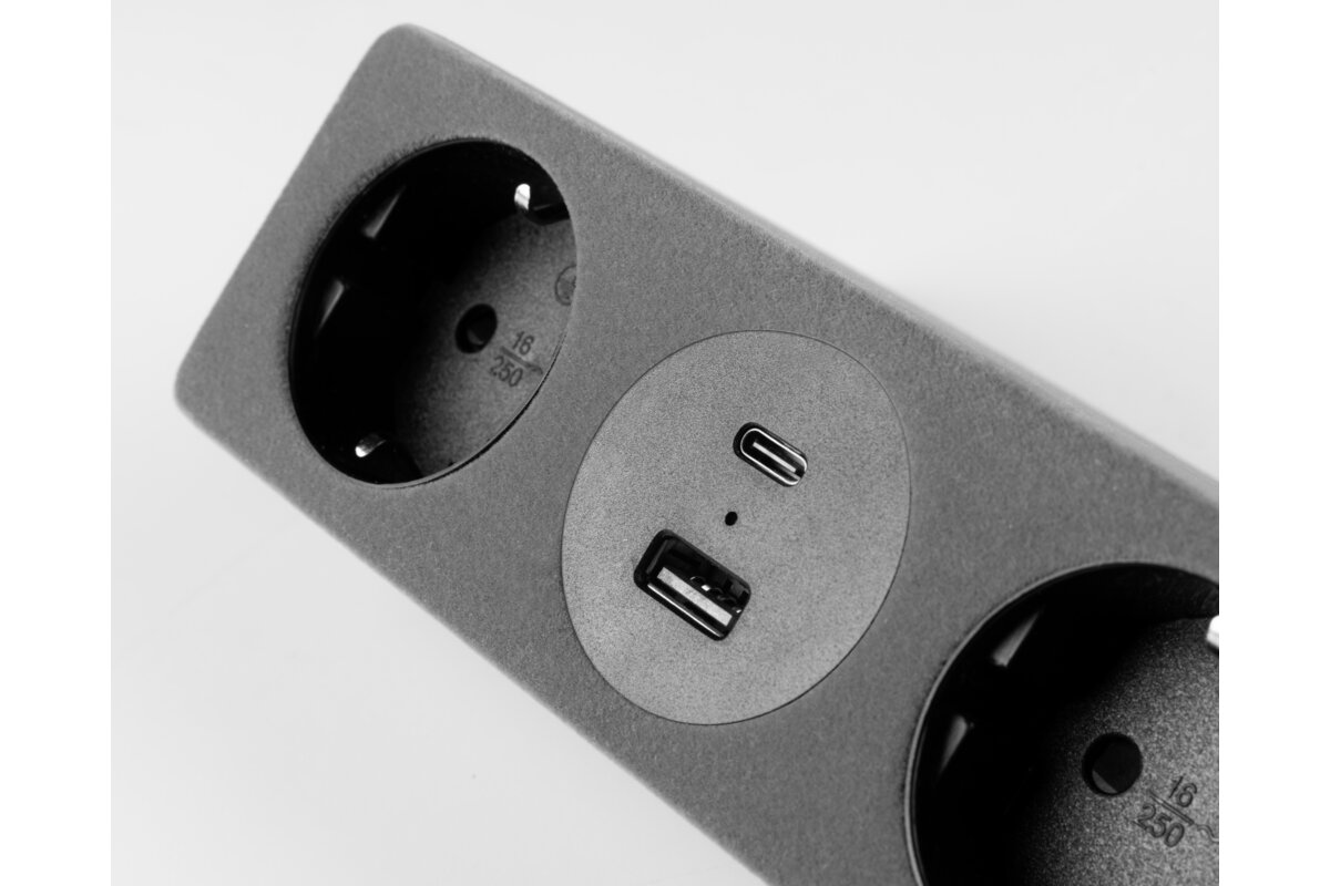 Меблева розетка SOFITO, 2хSHUKO, USB A+C, кабель 1.5 м, сірий флок