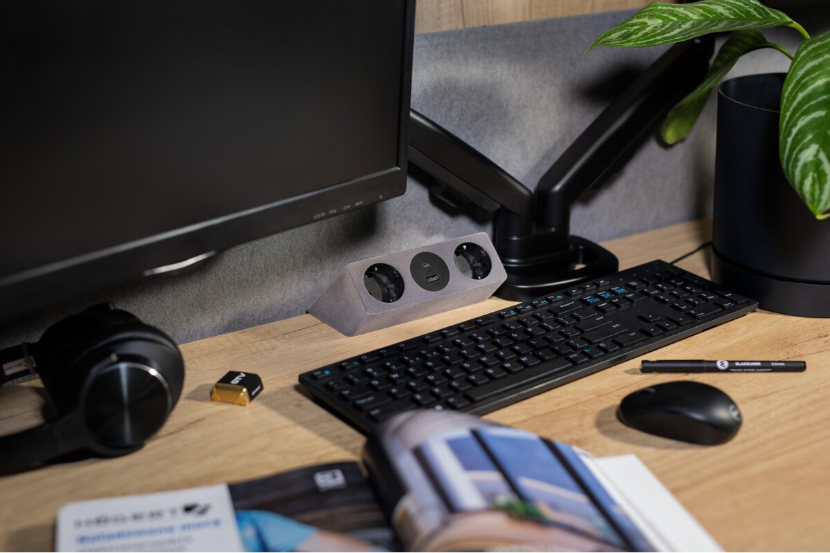 Меблева розетка SOFITO, 2хSHUKO, USB A+C, кабель 1.5 м, сірий флок