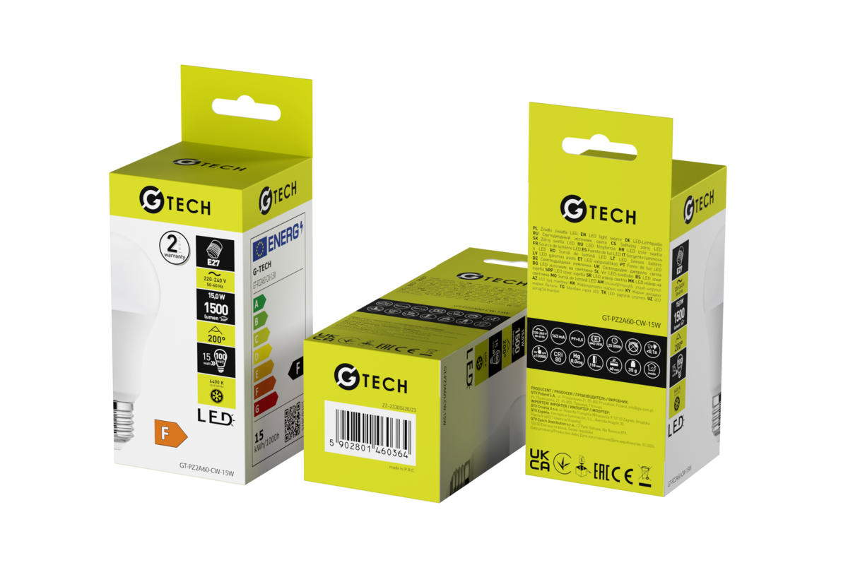 G-TECH Лампа світлодіодна E27, A60, 15 Вт, 1500 лм, 6400K, AC220-240В, 200°