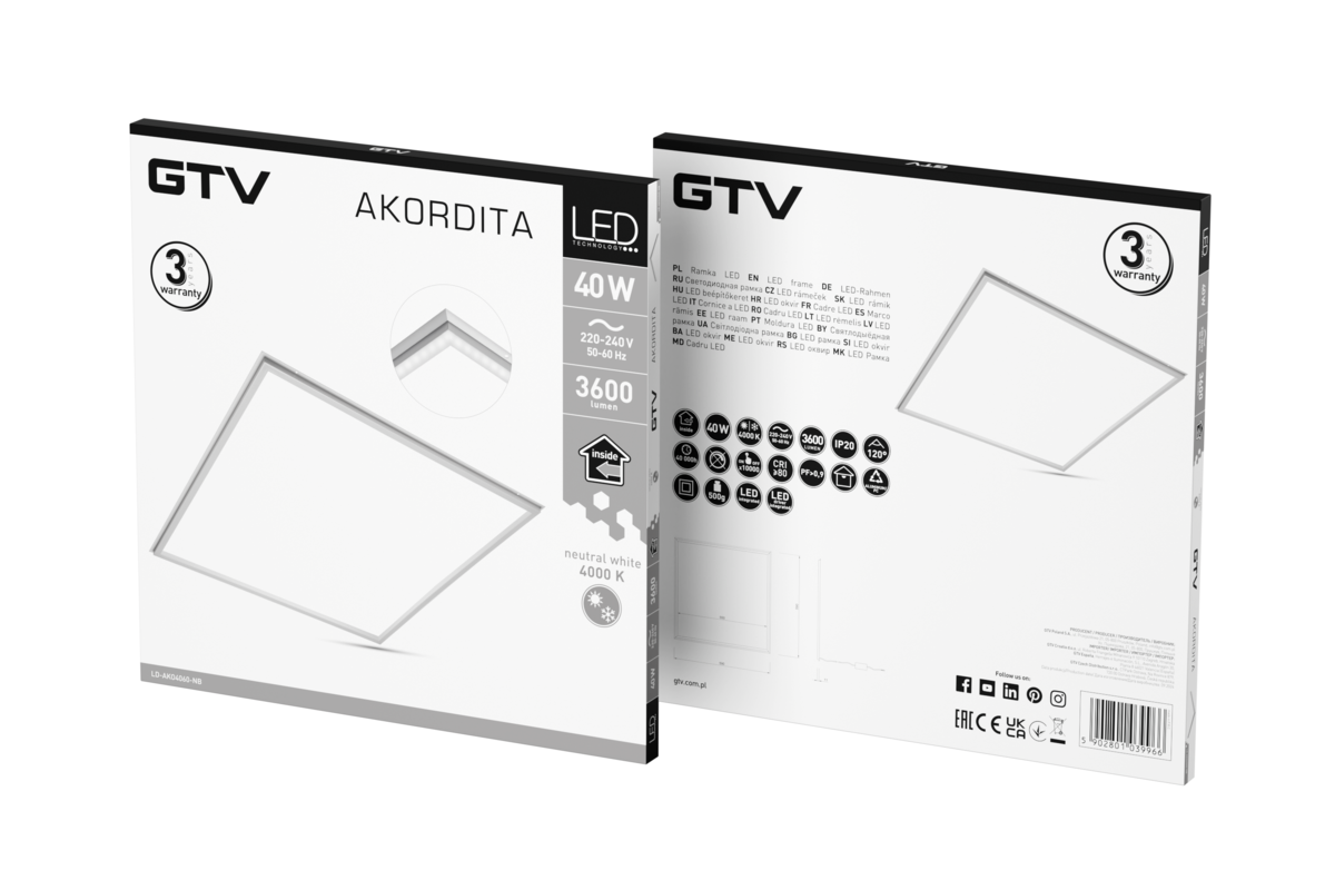 Світлодіодна рамка AKORDITA, 40 Вт, 3600 лм, AC220-240В, PF>0, 9, IP20, 60x60cm, 4000K