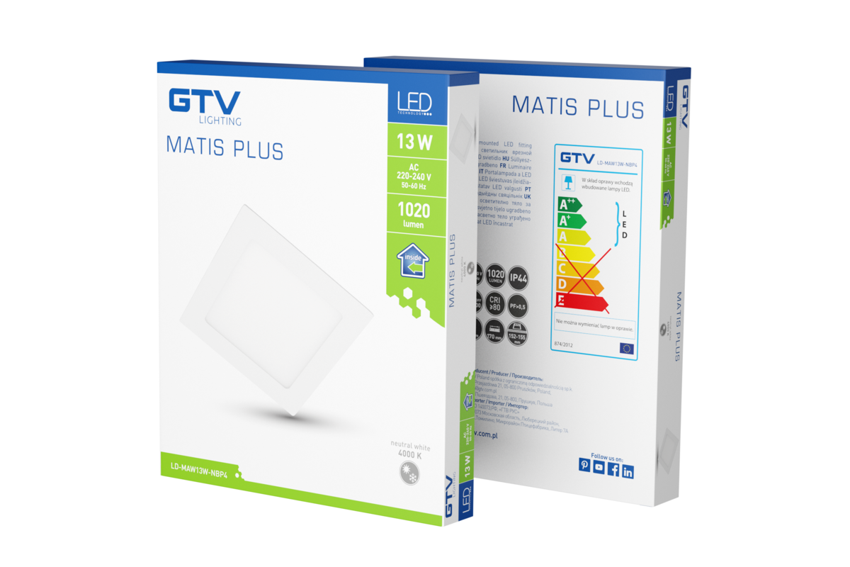 Світильник світлодіодний MATIS PLUS, IP44, 13 Вт, 1020 лм, AC220-240В, 50/60 Гц, 120°, 4000K, врізний, білий