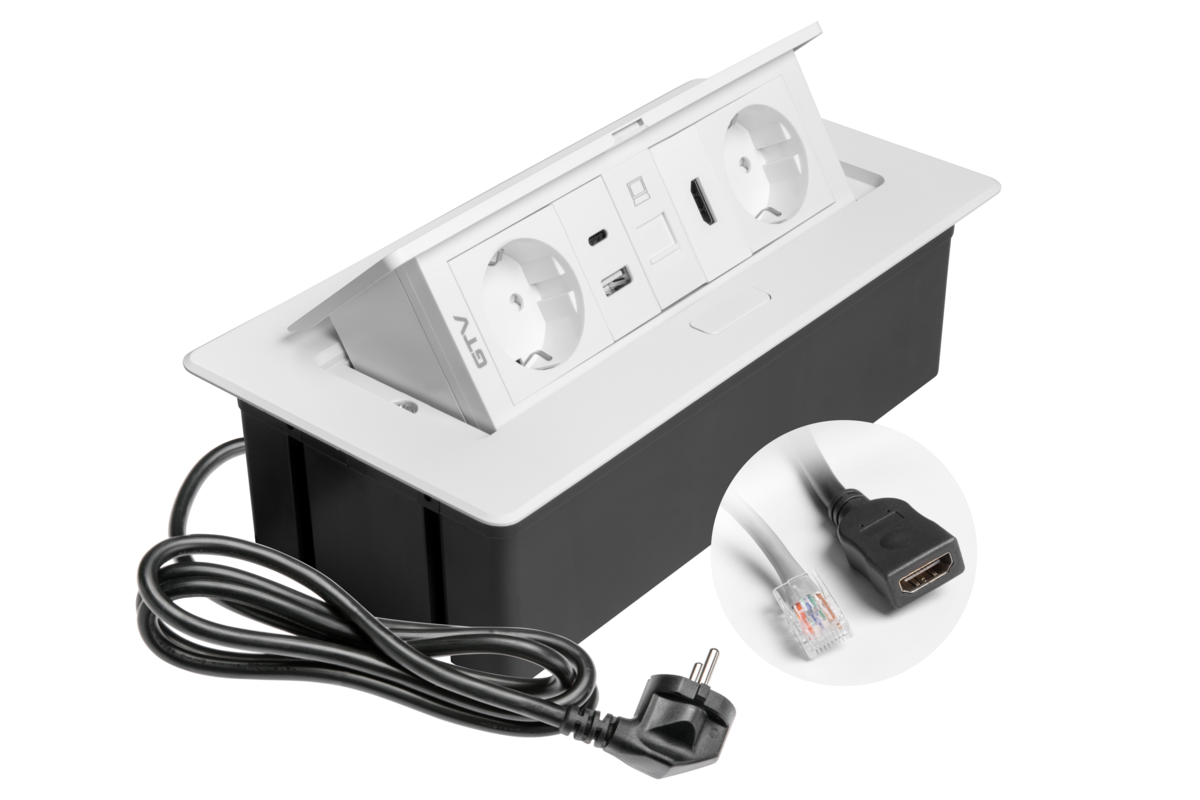 Меблева розетка MULTISOFT, 2хSHUKO, USB A+C, RJ45, HDMI, кабель 1.5 м, білий