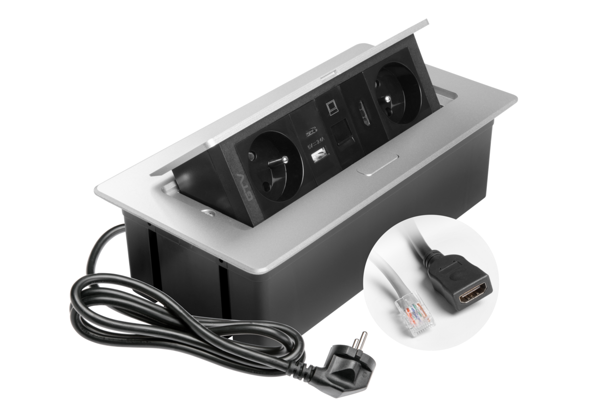 Меблева розетка MULTISOFT 2x розетка із заземленням, USB A+C, RJ45, HDMI, кабель живлення зі штепсельною вилкою, алюміній