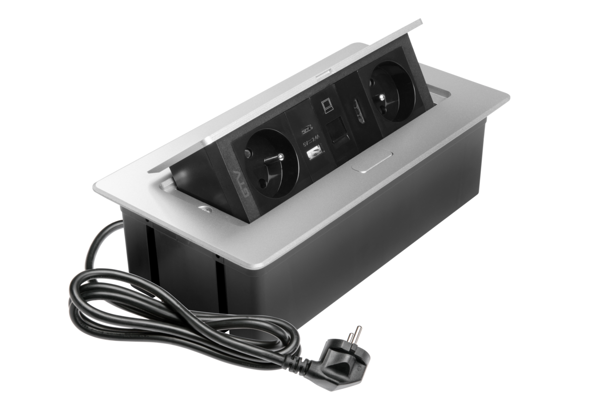 Меблева розетка MULTISOFT 2x розетка із заземленням, USB A+C, RJ45, HDMI, кабель живлення зі штепсельною вилкою, алюміній