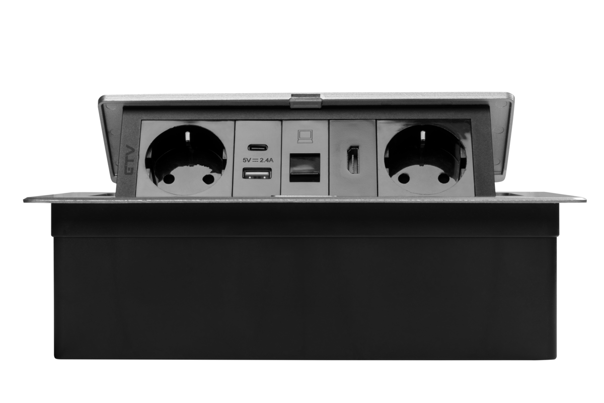 Меблева розетка MULTISOFT, 2хSHUKO, USB A+C, RJ45, HDMI кабель 1.5 м, алюміний