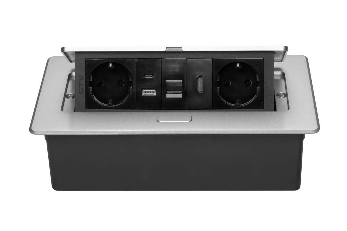 Меблева розетка MULTISOFT, 2хSHUKO, USB A+C, RJ45, HDMI кабель 1.5 м, алюміний