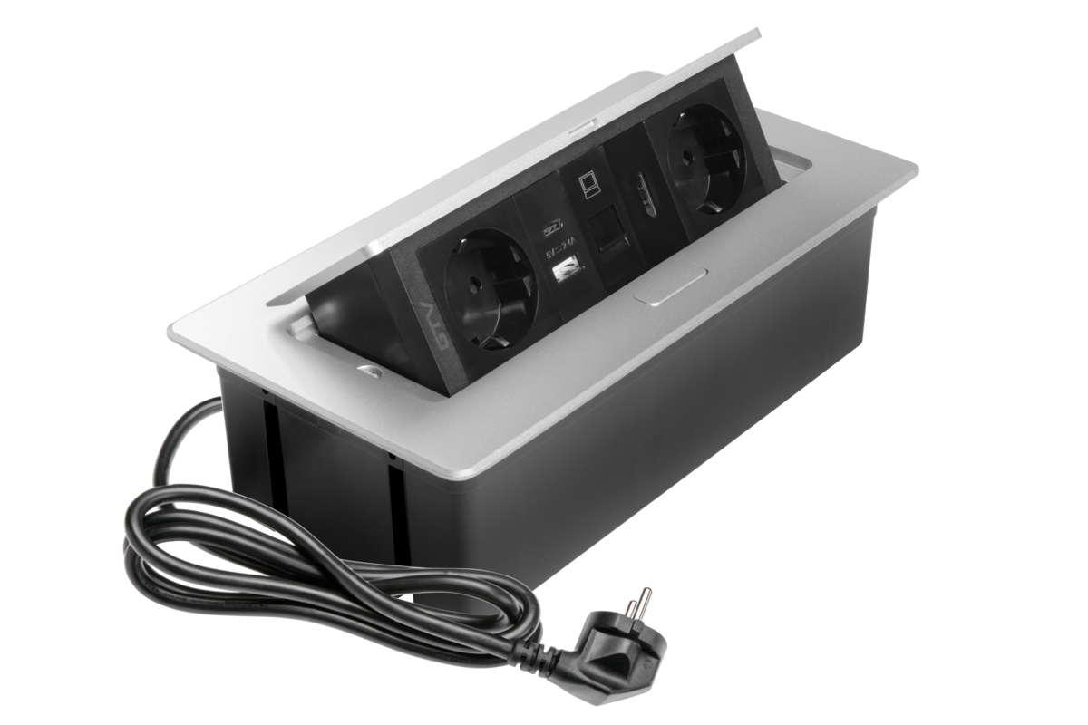 Меблева розетка MULTISOFT, 2хSHUKO, USB A+C, RJ45, HDMI кабель 1.5 м, алюміний