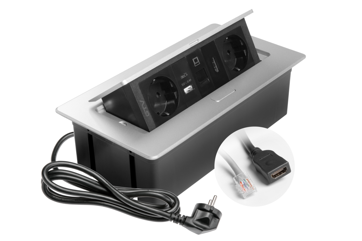 Меблева розетка MULTISOFT, 2хSHUKO, USB A+C, RJ45, HDMI кабель 1.5 м, алюміний