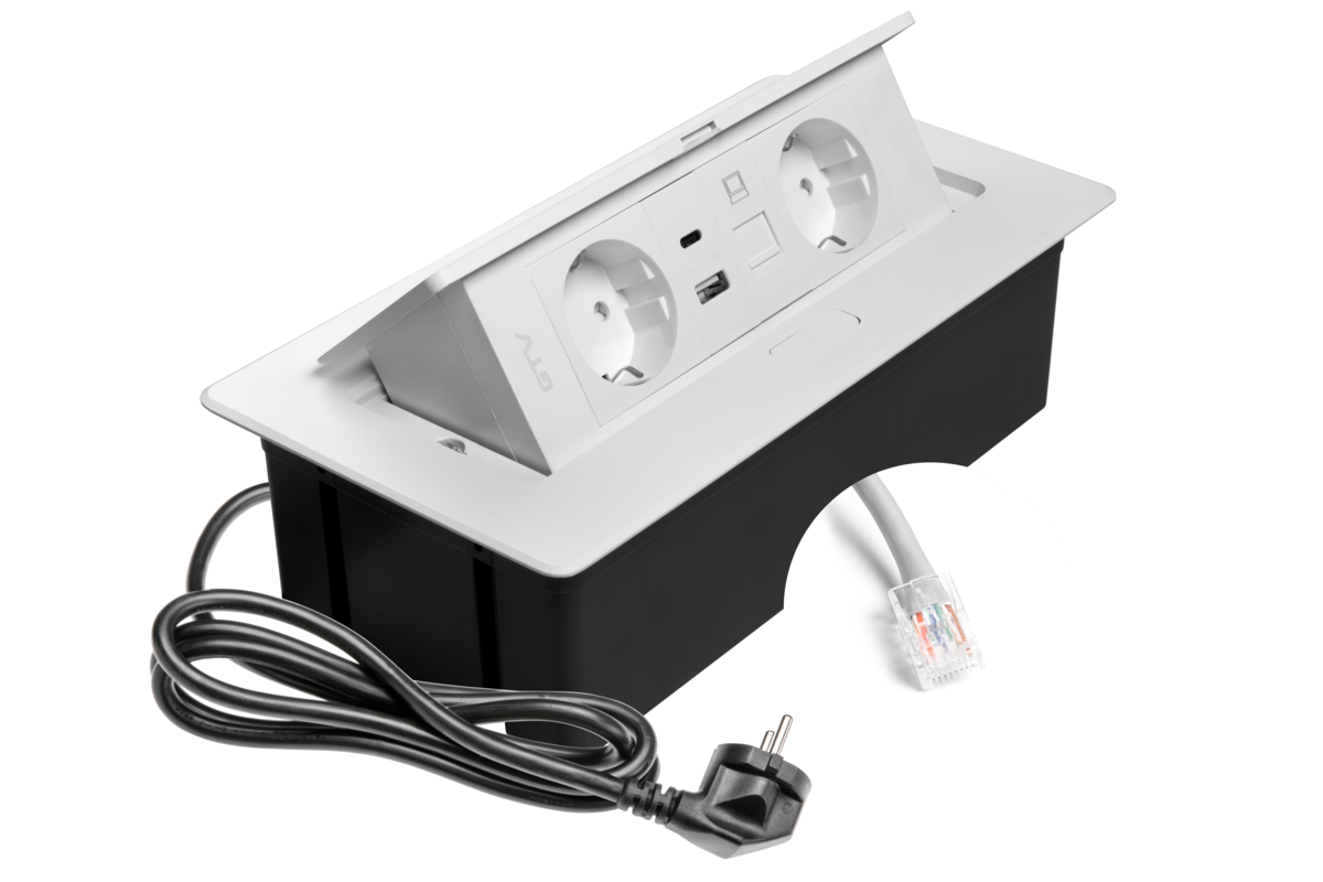 Меблева розетка MULTISOFT, 2хSHUKO, USB A+C, RJ45, кабель 1.5 м, білий