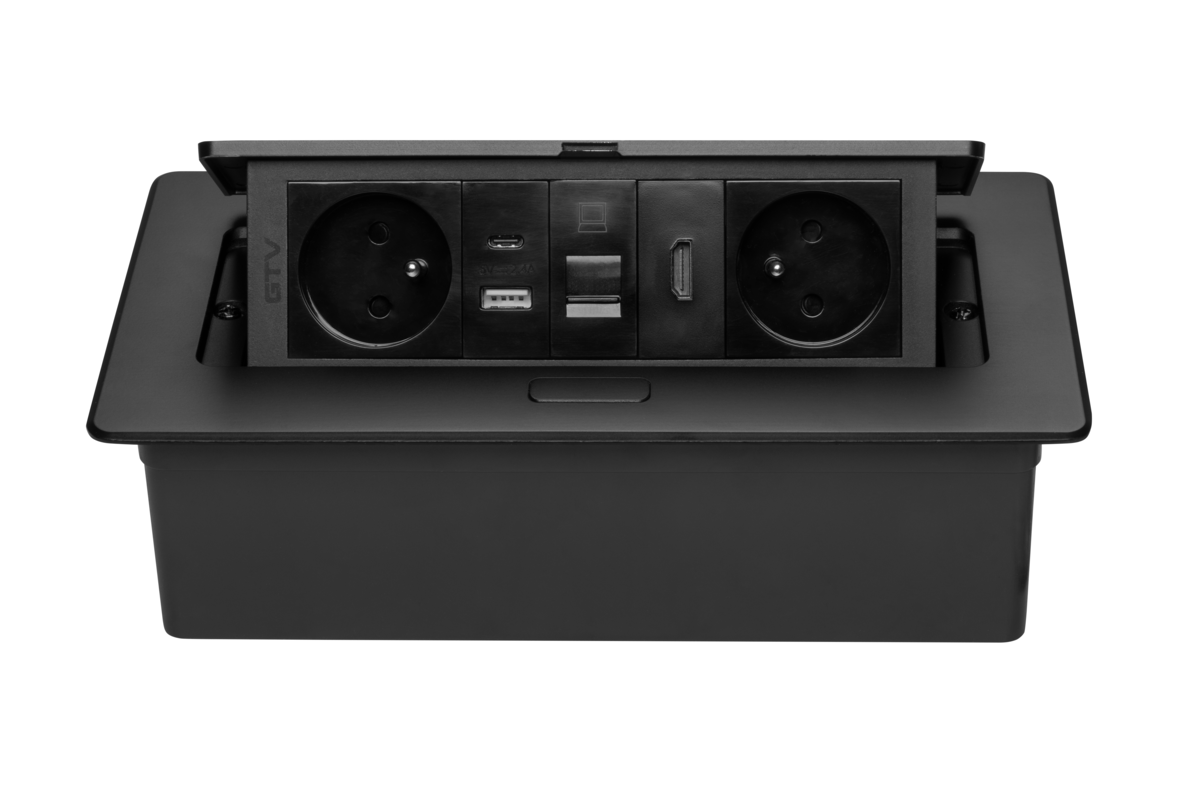 Меблева розетка MULTISOFT 2x розетка із заземленням, USB A+C, RJ45, HDMI, кабель живлення з вилкою, чорний