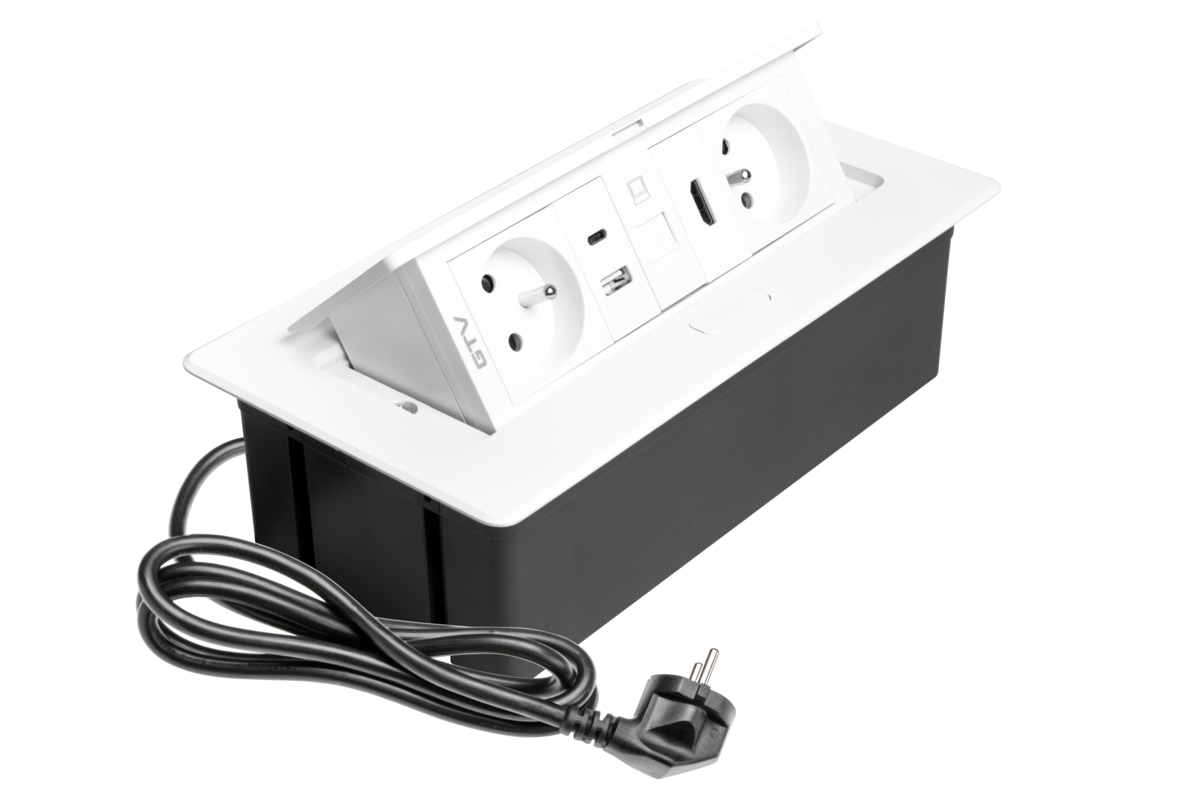 Меблева розетка MULTISOFT 2x розетка із заземленням, USB A+C, RJ45, HDMI, кабель живлення з вилкою, білий