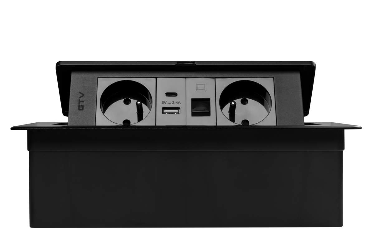 Меблева розетка MULTISOFT 2x розетка із заземленням, USB A+C, RJ45, кабель живлення з вилкою, чорний