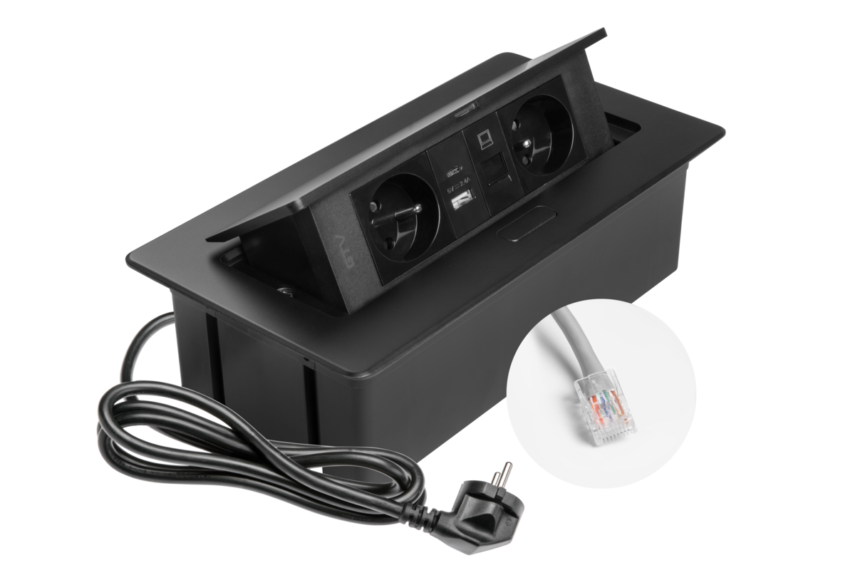 Меблева розетка MULTISOFT 2x розетка із заземленням, USB A+C, RJ45, кабель живлення з вилкою, чорний