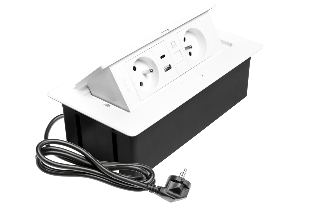 Меблева розетка MULTISOFT 2x розетка із заземленням, USB A+C, RJ45, кабель живлення з вилкою, білий