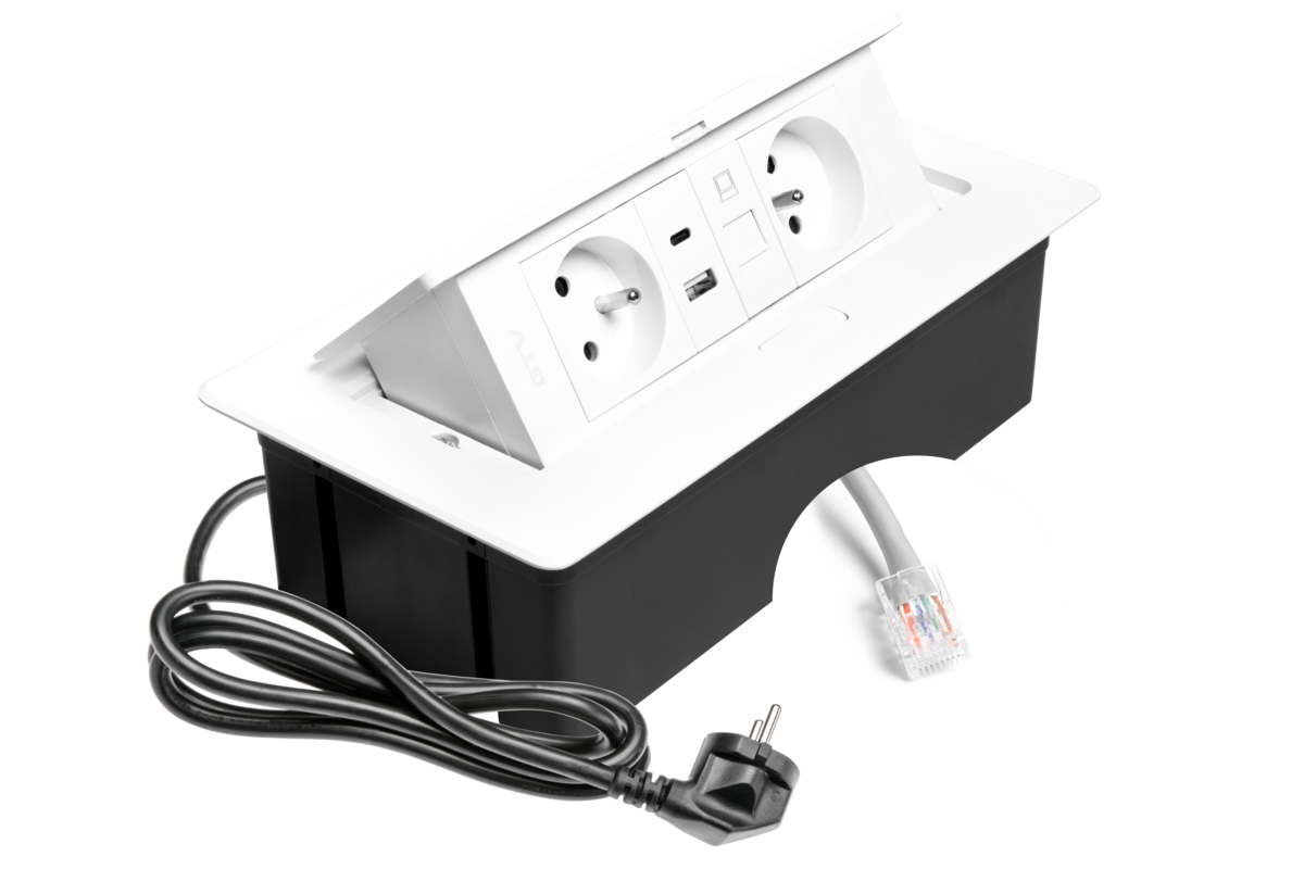 Меблева розетка MULTISOFT 2x розетка із заземленням, USB A+C, RJ45, кабель живлення з вилкою, білий