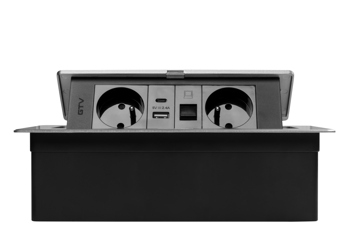 Меблева розетка MULTISOFT 2x розетка із заземленням, USB A+C, RJ45, кабель живлення з вилкою, алюміній