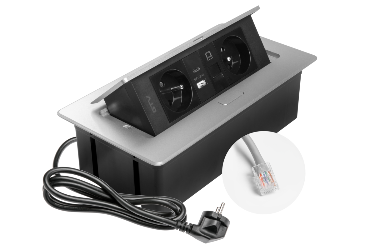Меблева розетка MULTISOFT 2x розетка із заземленням, USB A+C, RJ45, кабель живлення з вилкою, алюміній