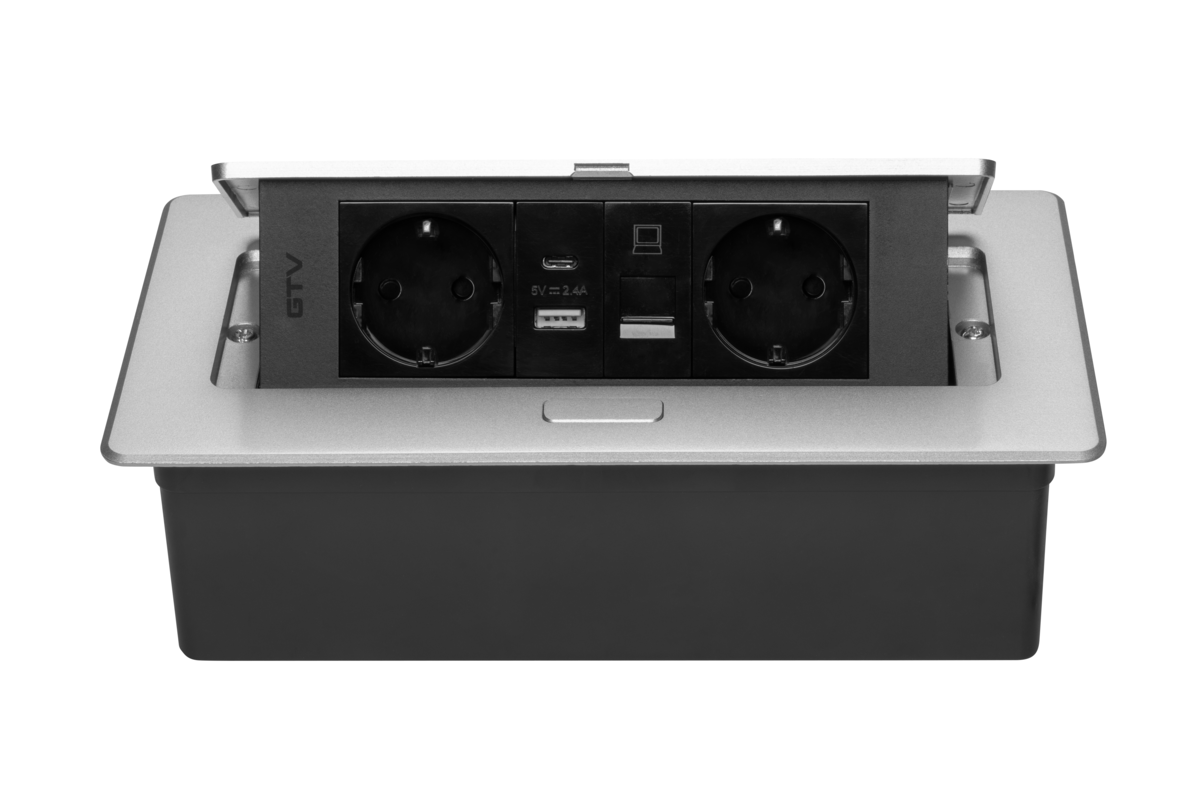 Меблева розетка MULTISOFT, 2хSHUKO, USB A+C, RJ45, кабель 1.5 м, алюміний