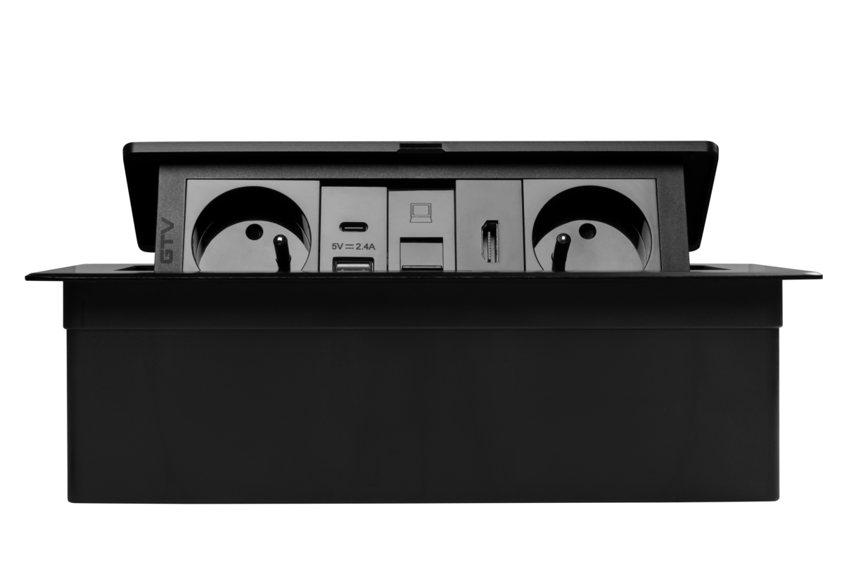 Меблева розетка MULTISOFT, 2хSHUKO, USB A+C, RJ45, HDMI кабель 1.5 м, чорний