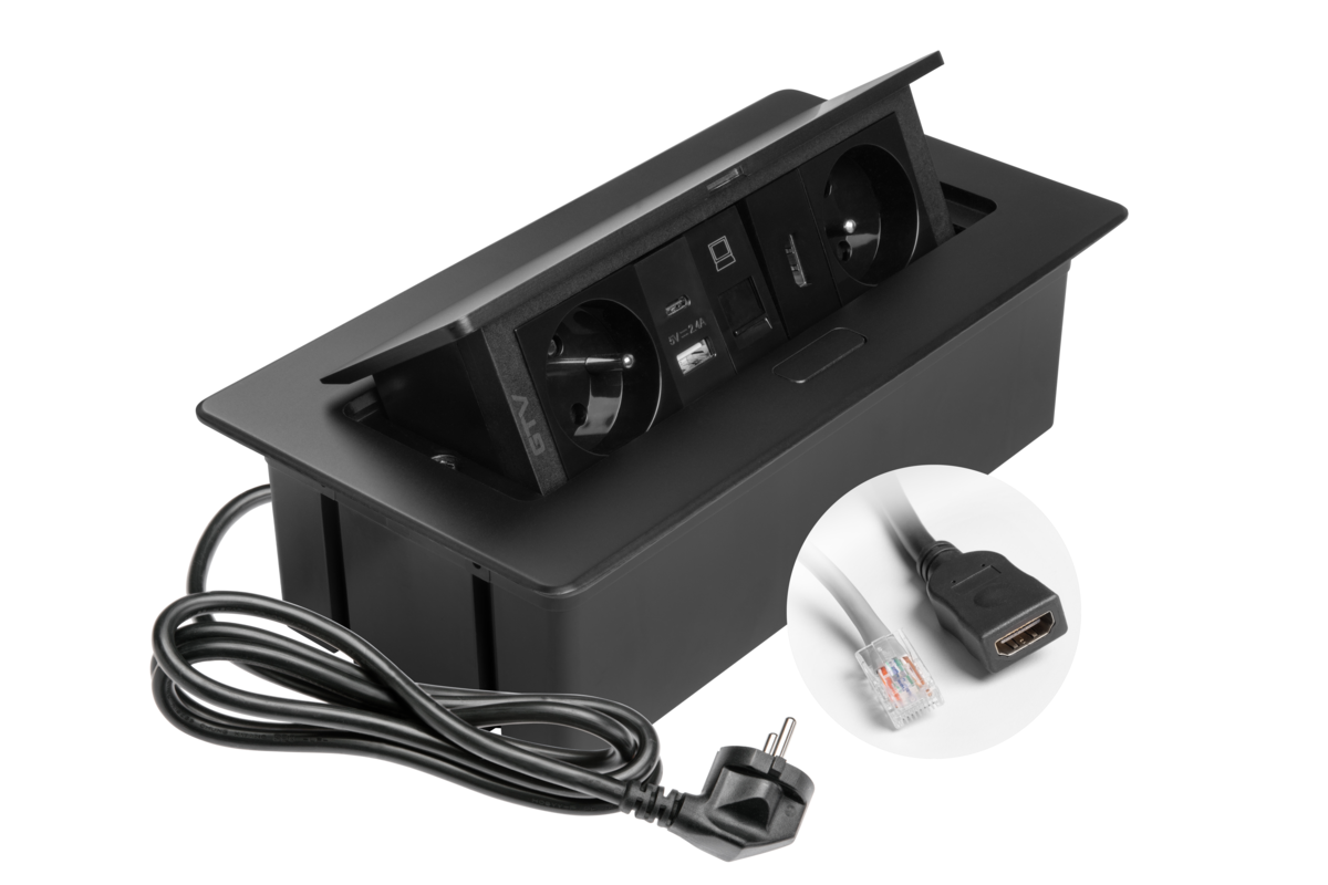Меблева розетка MULTISOFT, 2хSHUKO, USB A+C, RJ45, HDMI кабель 1.5 м, чорний