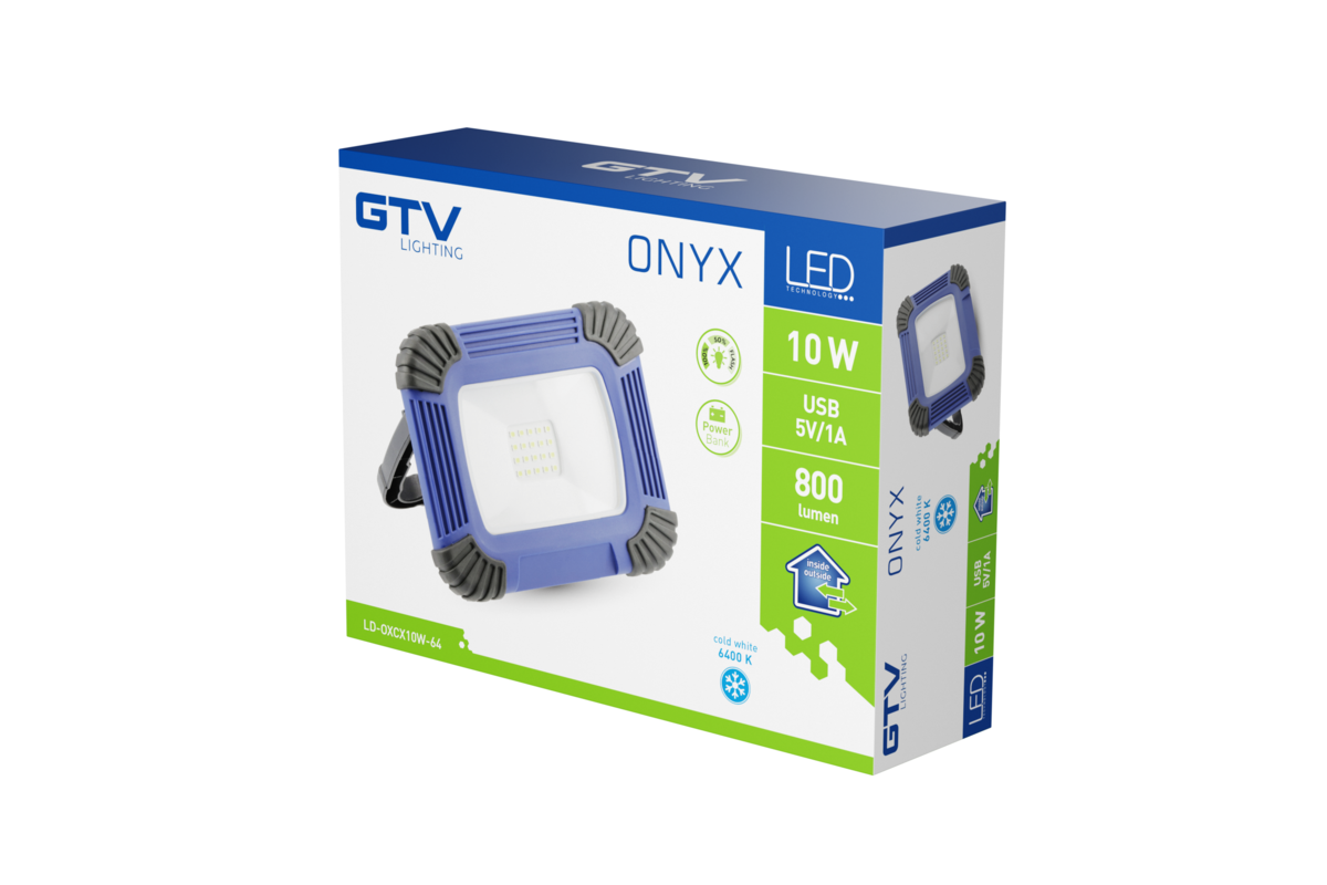 Прожектор світлодіодний з акумуляторною батареєю ONYX, 10 Вт, 800 лм, 6400K, USB 5В/1A, RA>80, IP54, 120°, синій