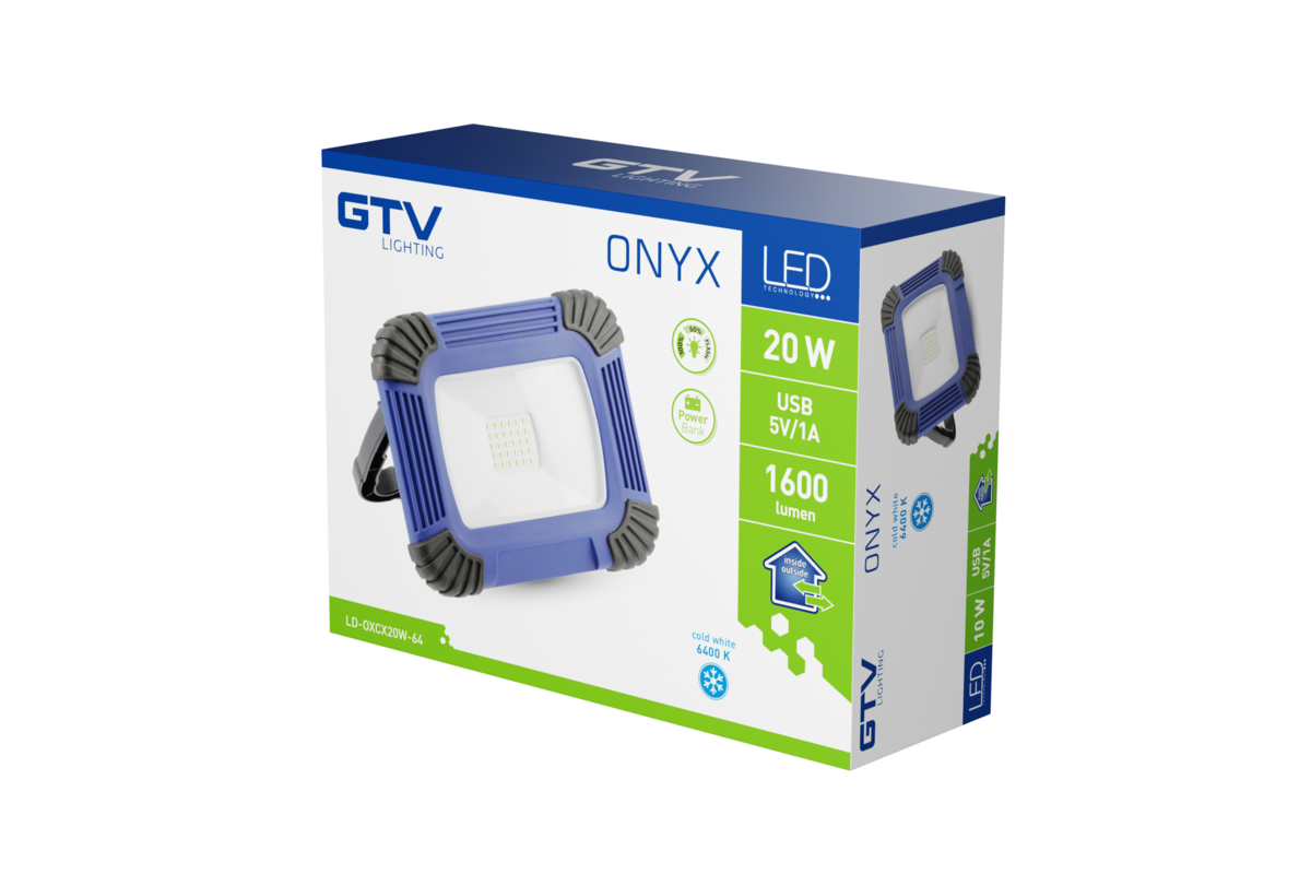 Прожектор світлодіодний з акумуляторною батареєю ONYX, 20 Вт, 1600 лм, 6400K, USB 5В/1A, RA>80, IP54, 120°, синій