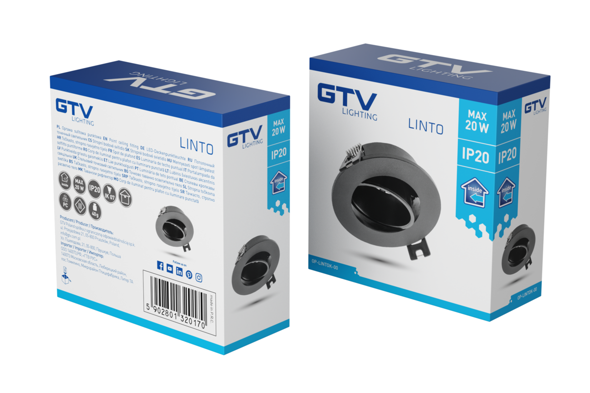 Корпус світильника точкового LINTO, IP20, PC, круглий, Ø90×29 мм, чорний