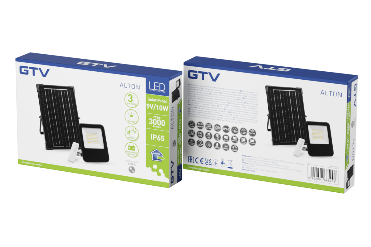 Сонячний прожектор з датчиком руху ALTON, LED, 3000лм, 4000K, 6000mAh змінний, IP65, пульт дистанційного керування