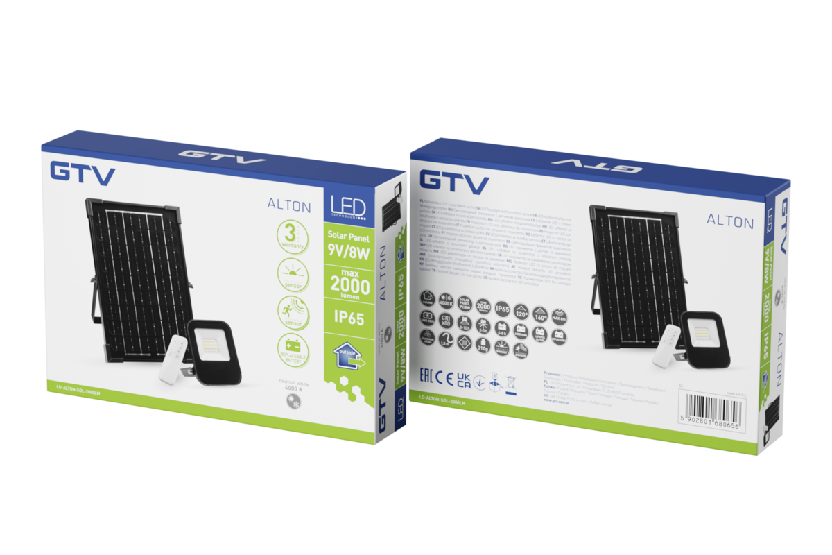 Сонячний прожектор з датчиком руху ALTON, LED, 2000лм, 4000K, 6000mAh змінний, IP65, пульт дистанційного керування