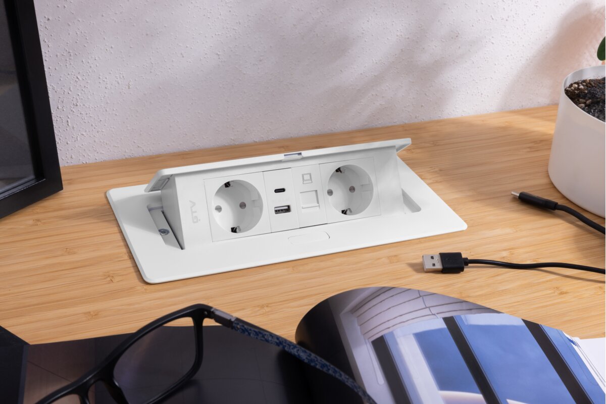 Меблева розетка MULTISOFT, 2хSHUKO, USB A+C, RJ45, кабель 1.5 м, білий