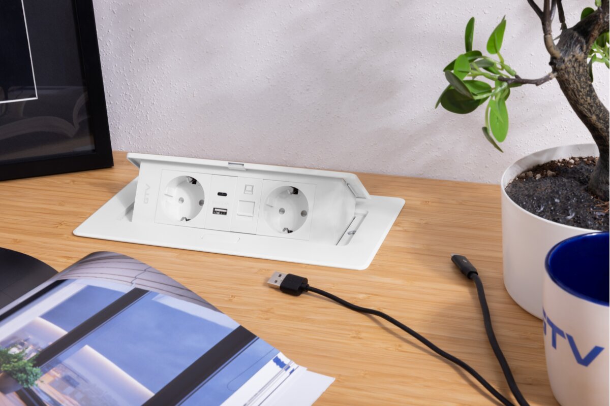 Меблева розетка MULTISOFT, 2хSHUKO, USB A+C, RJ45, кабель 1.5 м, білий